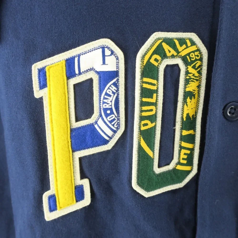 Ralph Lauren Polo Sweatshirt Mens 2XB Blue Hooded Baseball Jersey Shirt Spellout